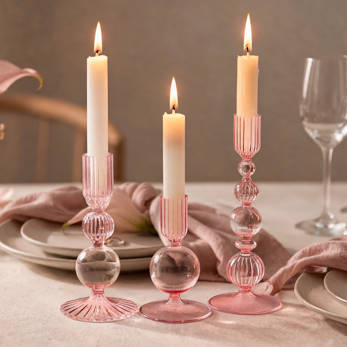 3Pcs Pink Glass Candlestick Holders Glass Taper Candle Holders Groovy Wavy Elegant Candle Stick for Home Party Decoration