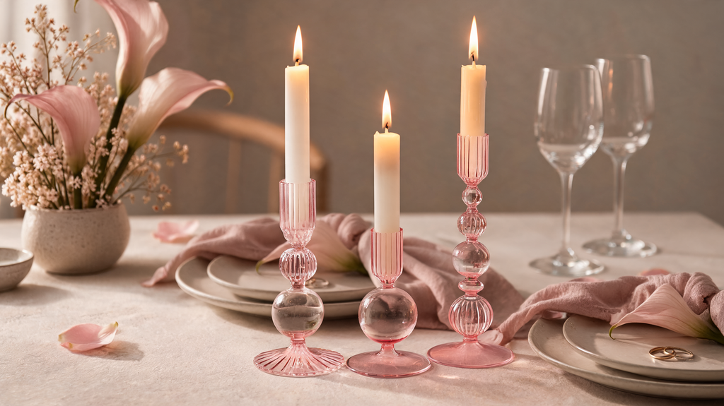 3Pcs Pink Glass Candlestick Holders Glass Taper Candle Holders Groovy Wavy Elegant Candle Stick for Home Party Decoration