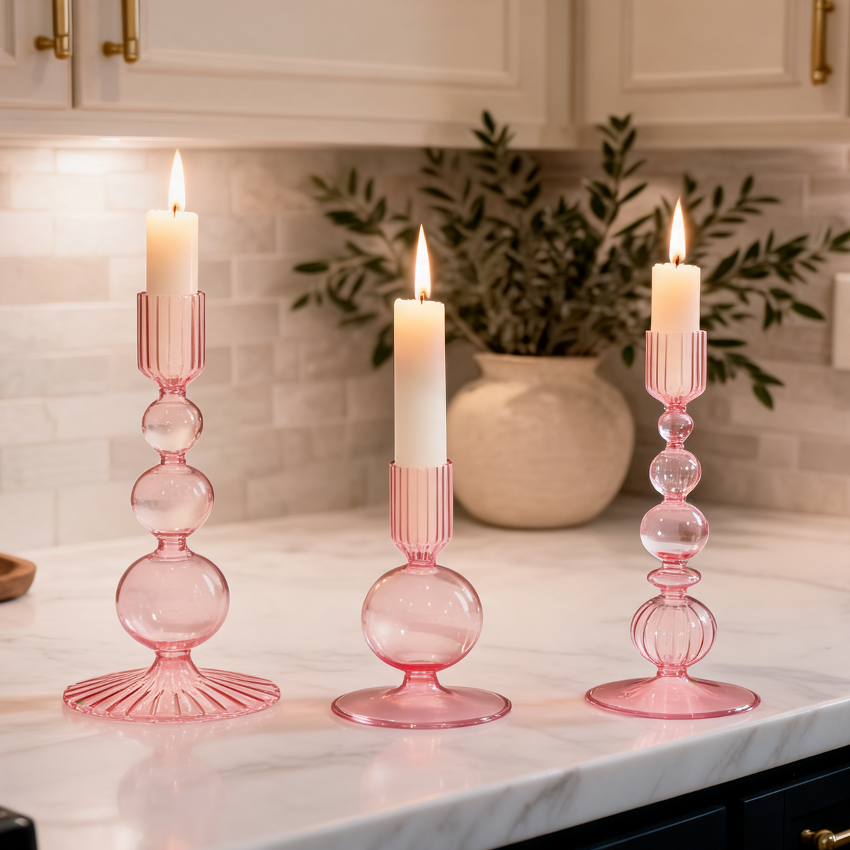 3Pcs Pink Glass Candlestick Holders Glass Taper Candle Holders Groovy Wavy Elegant Candle Stick for Home Party Decoration