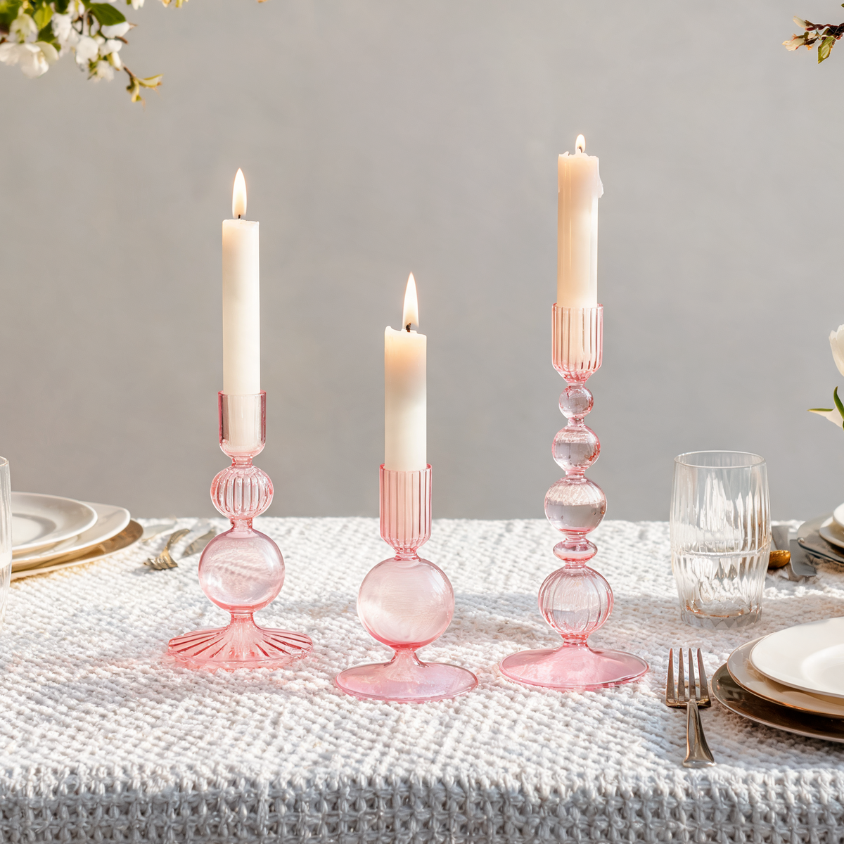 3Pcs Pink Glass Candlestick Holders Glass Taper Candle Holders Groovy Wavy Elegant Candle Stick for Home Party Decoration