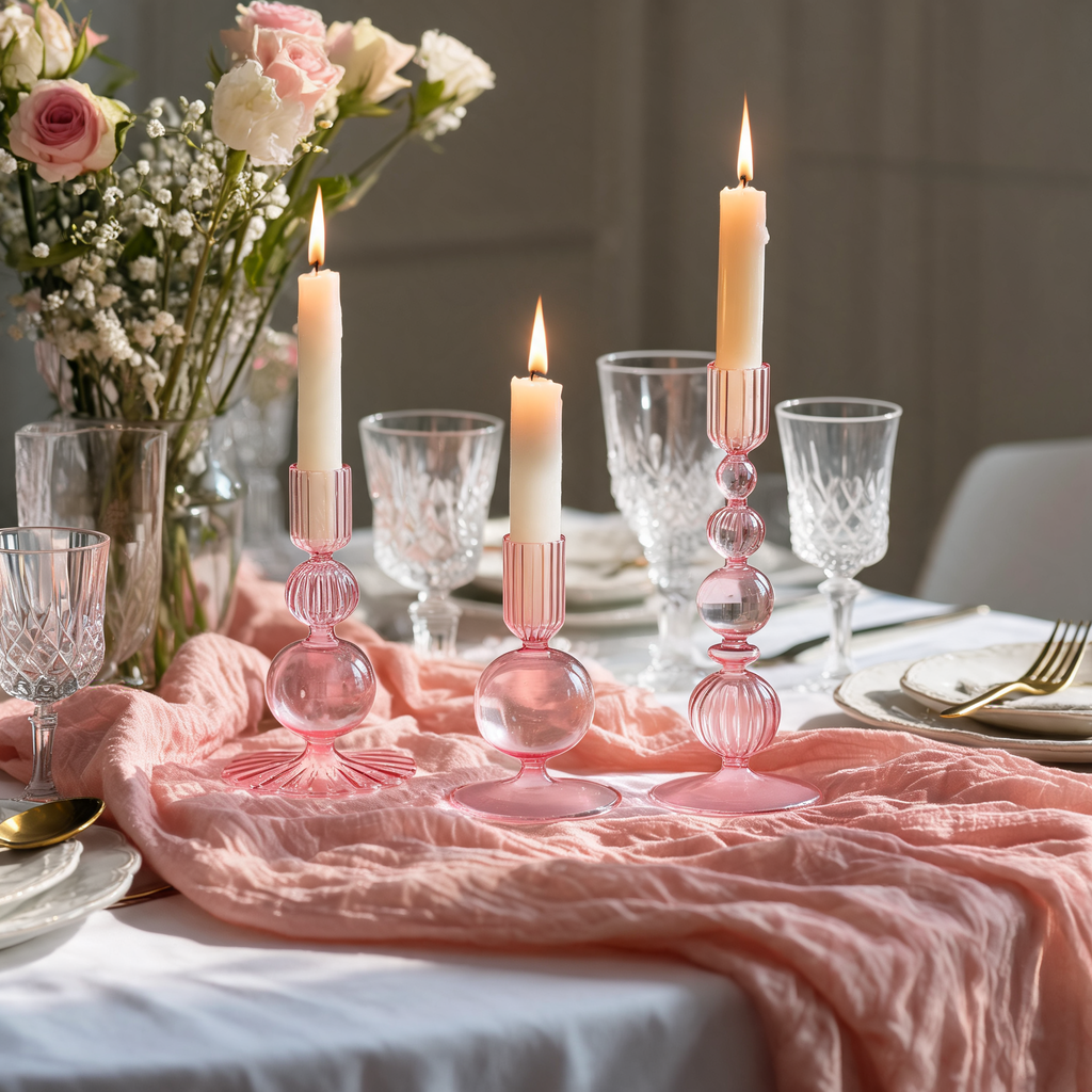 3Pcs Pink Glass Candlestick Holders Glass Taper Candle Holders Groovy Wavy Elegant Candle Stick for Home Party Decoration