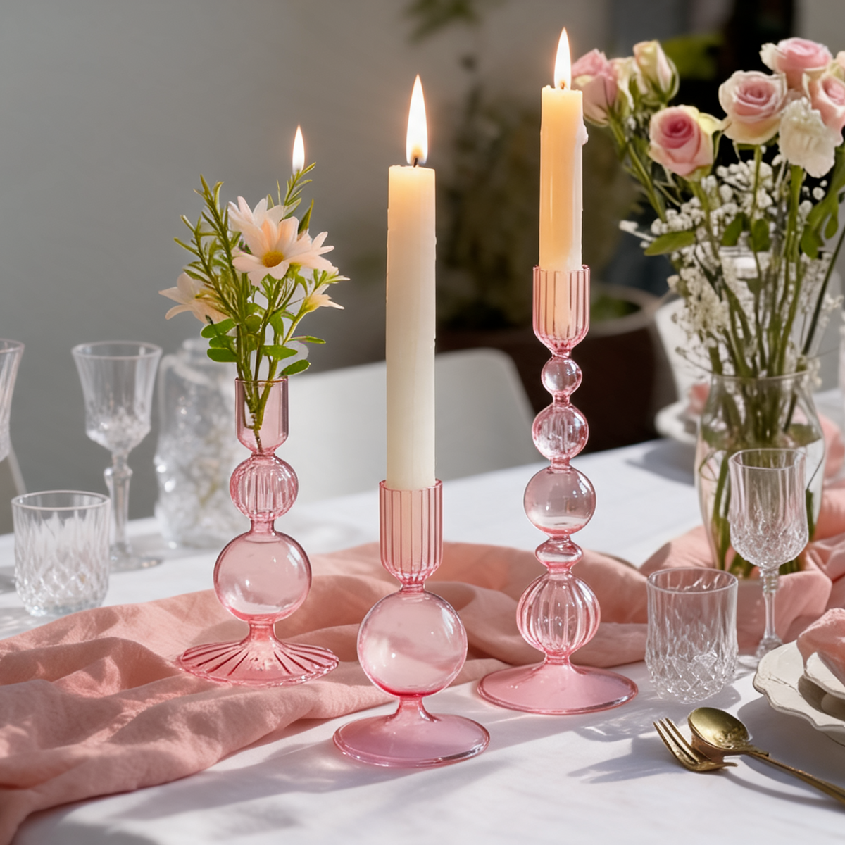 3Pcs Pink Glass Candlestick Holders Glass Taper Candle Holders Groovy Wavy Elegant Candle Stick for Home Party Decoration