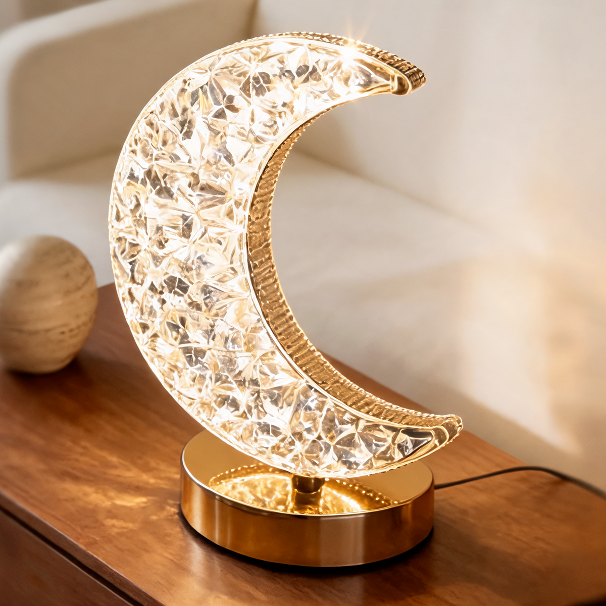 Crescent Moon Night Light, Touch Dimming Rechargeable Bedside Lamp with Faceted Beads in a Gold Tone Frame, 19.5 cm / 7.7 in, Moon or Star