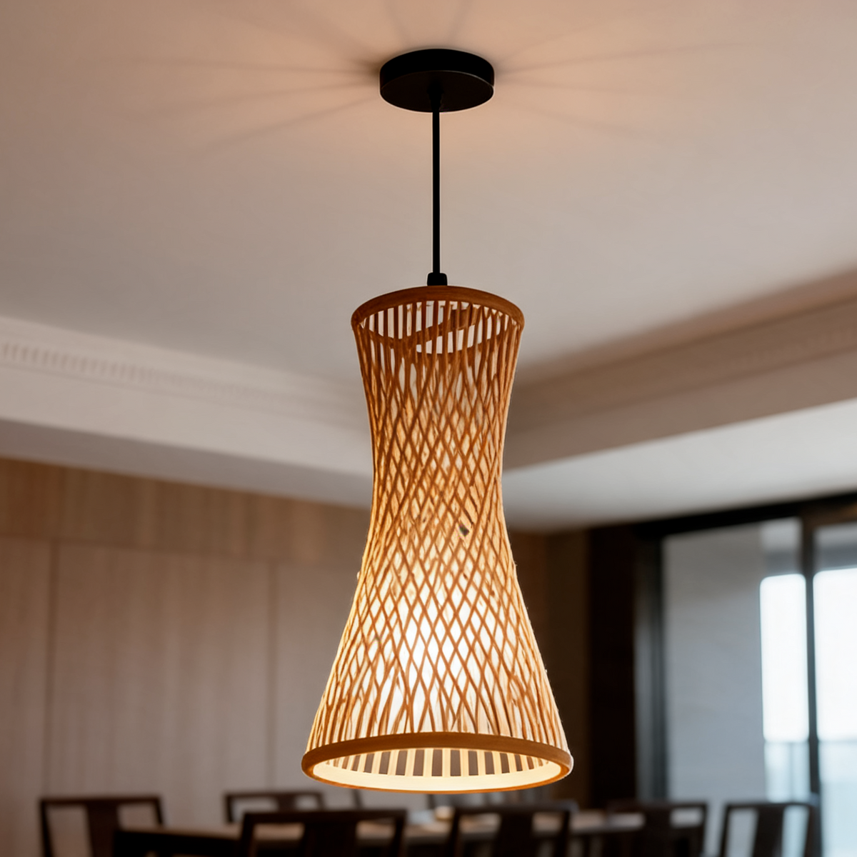 Woven Bamboo Hourglass Pendant Light, Hand Knitted Slatted Shade, E27 Ceiling Lamp, 17 x 40 cm / 6.7 x 15.7 in, Black or White Fittings