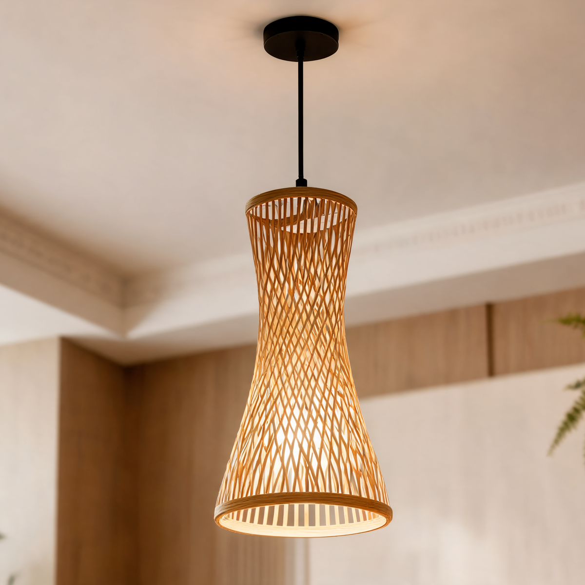 Woven Bamboo Hourglass Pendant Light, Hand Knitted Slatted Shade, E27 Ceiling Lamp, 17 x 40 cm / 6.7 x 15.7 in, Black or White Fittings