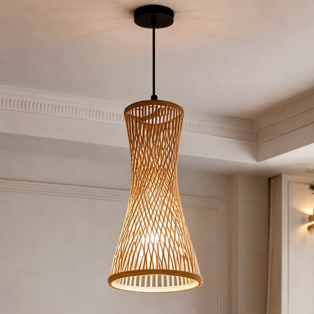Woven Bamboo Hourglass Pendant Light, Hand Knitted Slatted Shade, E27 Ceiling Lamp, 17 x 40 cm / 6.7 x 15.7 in, Black or White Fittings