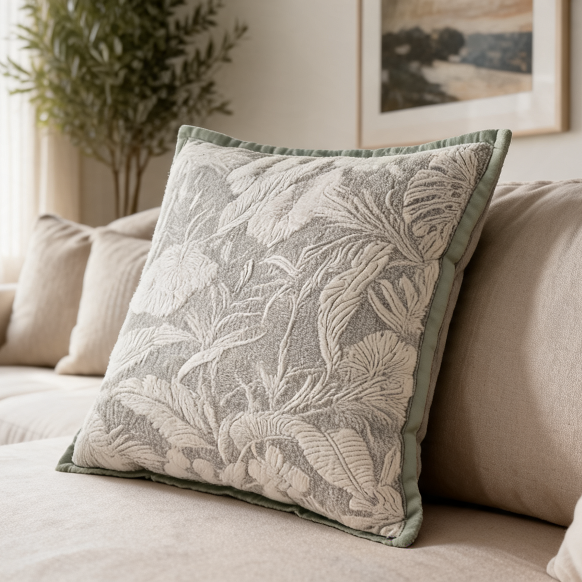 Sage Green Chenille Throw Pillow Cover, Woven Jacquard Cushion Case with Leaf and Floral Designs, 40 x 40 to 50 x 50 cm / 15.7 to 19.7 in