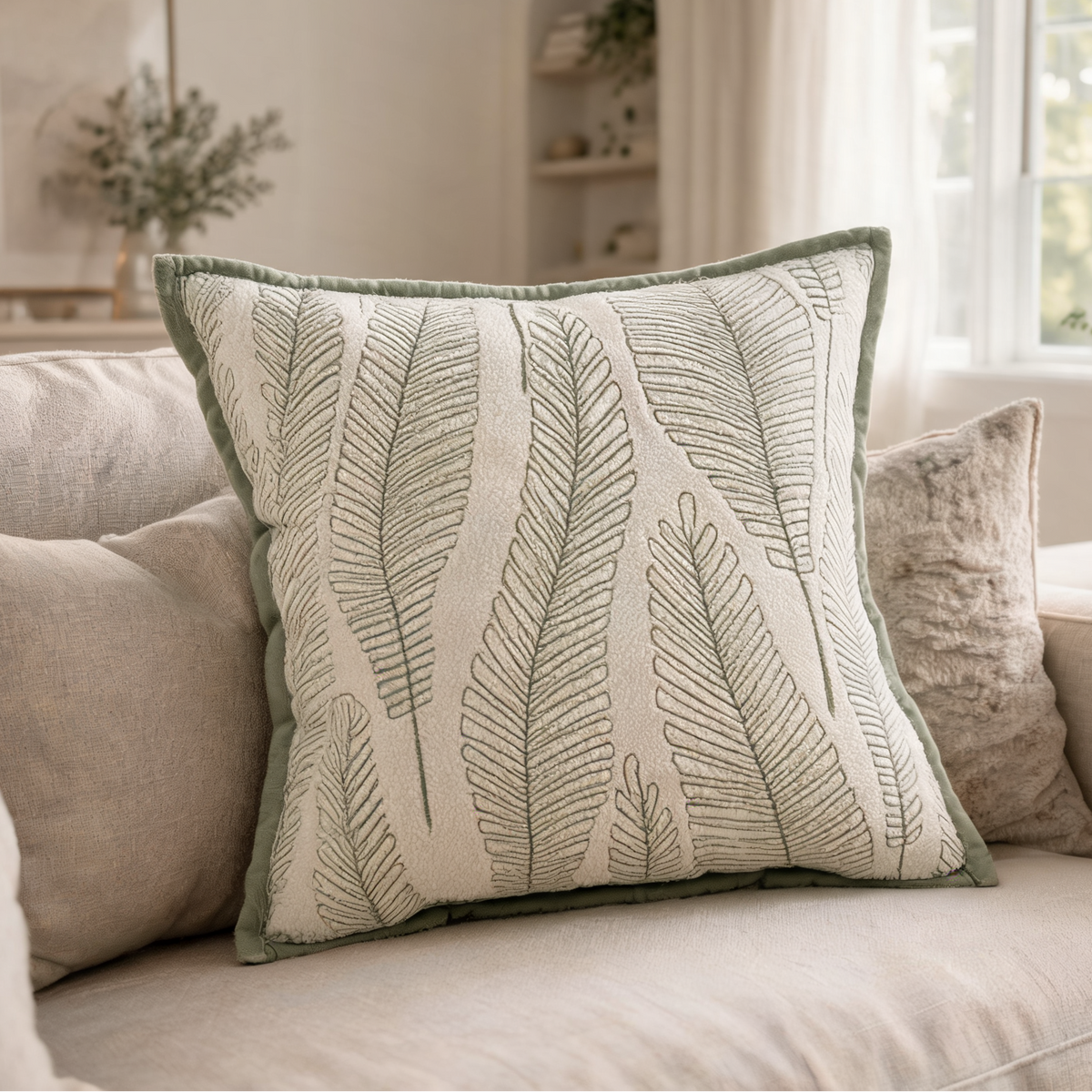 Sage Green Chenille Throw Pillow Cover, Woven Jacquard Cushion Case with Leaf and Floral Designs, 40 x 40 to 50 x 50 cm / 15.7 to 19.7 in